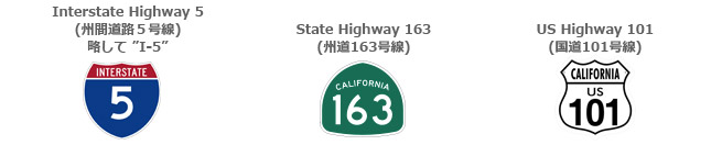 Interstate Highway 5 (州間道路５号線) 略して I-5, State Highway 163 (州道163号線), US Highway 101 (国道101号線)
